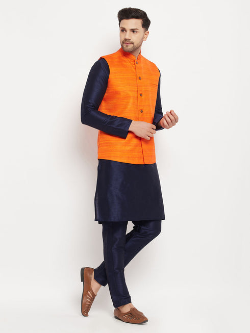 Vastramay Men's Orange Matka Silk Nehru Jacket With Navy Blue Silk Blend Kurta and Pant style Pyjama Set